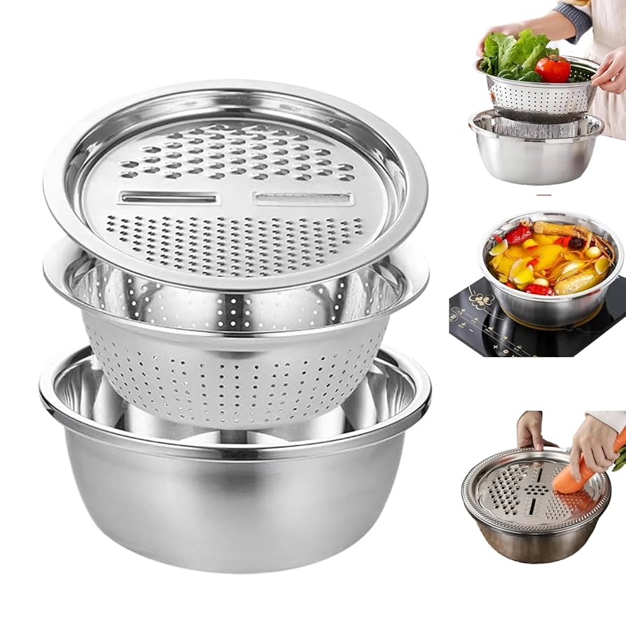 3 In 1 Multifunctional Stainless Steel Basin With Vegetable Cutter + Drain Basket - Image 3