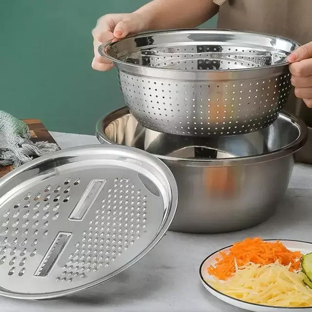3 In 1 Multifunctional Stainless Steel Basin With Vegetable Cutter + Drain Basket - Image 4